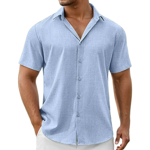 Daznico Mens Shirts - Men's Linen Short Sleeve Shirt Lightweight Breathable Casual Top for Outdoor Activities - Shirts for Men,Color:Light Blue,Size:M