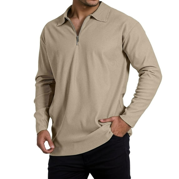 Daznico Mens Shirts - Men's Long Sleeve Striped Shirt with Zippered Collar for Casual Everyday Wear - Shirts for Men,Color:Khaki,Size:L