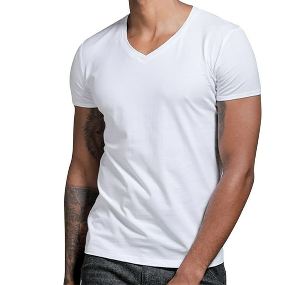 Daznico Mens Shirts - Men's Short Sleeve Solid Cotton V Neck T Shirts - Shirts for Men,Color:White,Size:XL