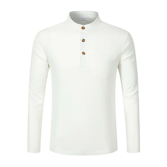 Daznico Mens Shirts - Men's Solid Color Standing Collar Pocket Long Placket Button Long Sleeve Top - Shirts for Men,Color:White,Size:M