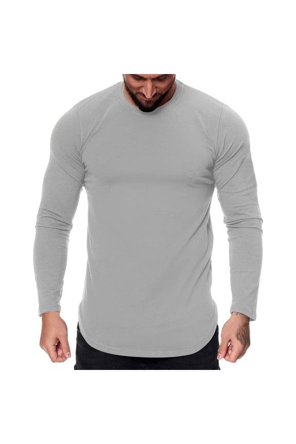 Mens Shirts - Mens Casual Sports Fitness Outdoor Curved Hem Solid Color Round Neck T Shirt Long Sleeve Top - Shirts for Men,Color:Grey,Size:L