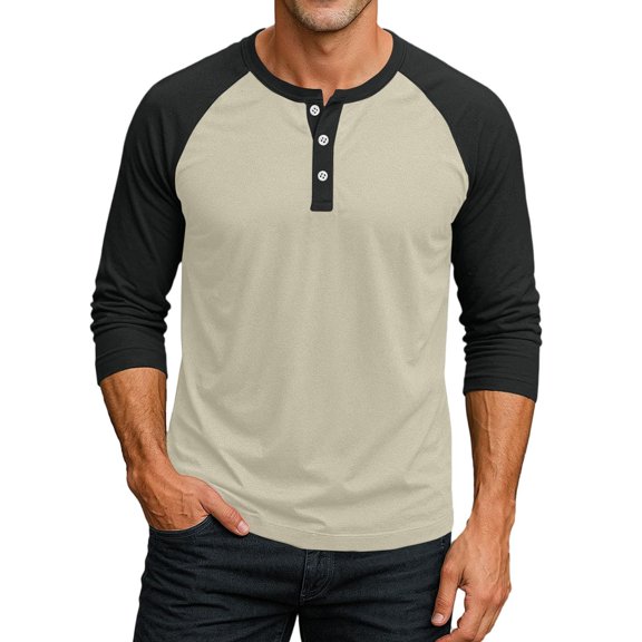 Daznico Mens Shirts - Stylish Casual Men's T Shirts Button Up 3/4 Sleeve Top for Everyday Wear and Outdoor Activities - Shirts for Men,Color:Beige,Size:XL