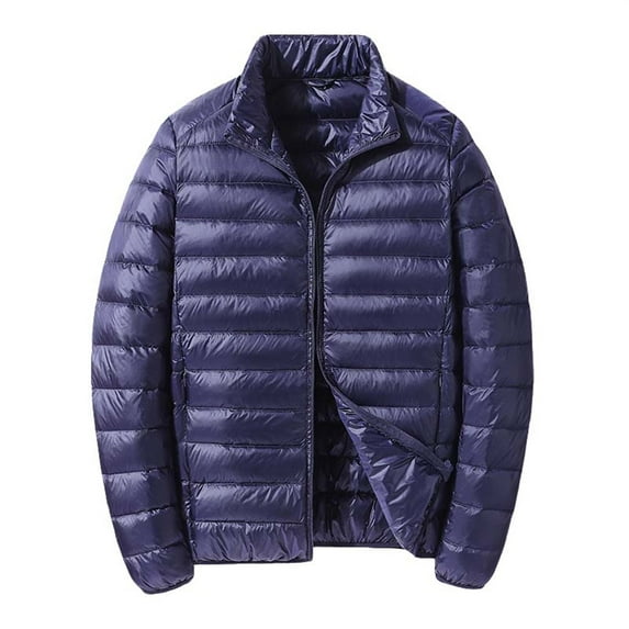 Daznico Mens Winter Jacket - Men's Short and Lightweight Down Jacket Stand Up Collar Hooded Couple's Style Middle and Young Men's Thin Down Jacket Plus Size Jacket,Color:Navy,Size:XXL