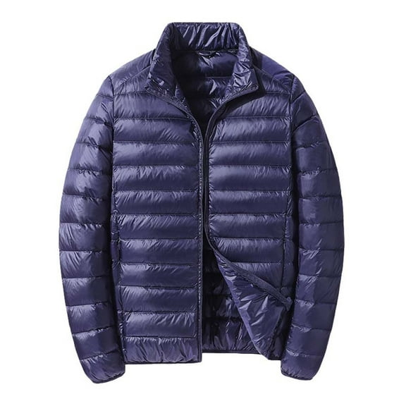 Daznico Mens Winter Jacket - Men's Short and Lightweight Down Jacket Stand Up Collar Hooded Couple's Style Middle and Young Men's Thin Down Jacket Plus Size Jacket,Color:Navy,Size:XXL
