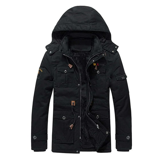 Daznico Mens Winter Jacket - Men's Winter Coat Thick Jacket Mid Length Hooded Cargo Jacket -Winter Coats for Men,Color:Black,Size:M