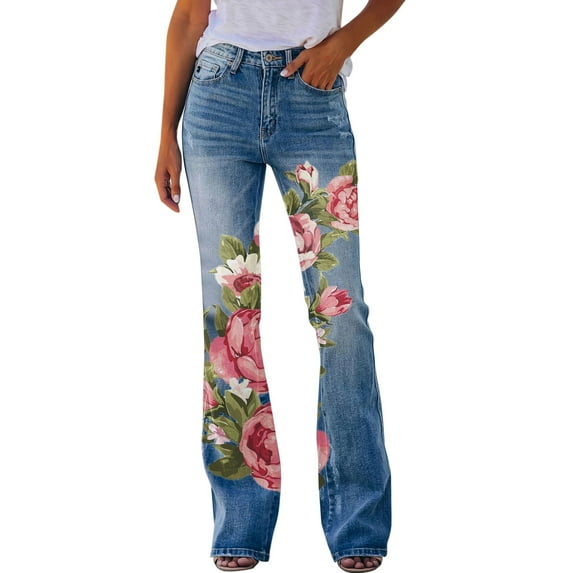 Daznico Pants for Women Women's Pants Floral Printed Pattern Loose Flared Hem Jeans Stretch Flared Bottoms Women's Pants Hot Pink M