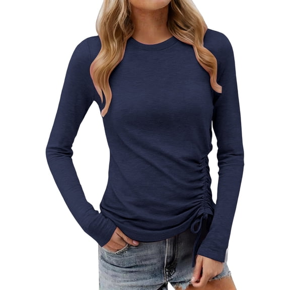 Daznico Plus Size Long Sleeve Shirt Round Neck Blouse Loose Fit Stretchy Casual Basic Tee Top Comfortable Tunic,S