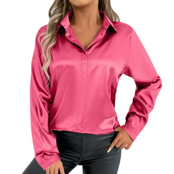 Daznico Plus Size Women's V-Neck Satin Blouse - Long Sleeve Button Dress for Summer Fall | Casual Vacation Tunic in Solid Color, for Size L