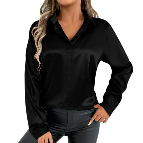 Daznico Plus Size Women's V-Neck Satin Blouse - Long Sleeve Button Dress for Summer Fall | Casual Vacation Tunic in Solid Color, for Size XL