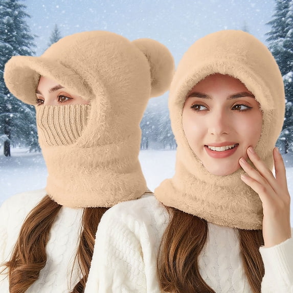 Daznico Plush Hooded Balaclava Hat with Brim Detachable Knitted Face Cover Lined Thermal Neck Warmer Winter Accessories for Outdoor Activities in Cold Weather