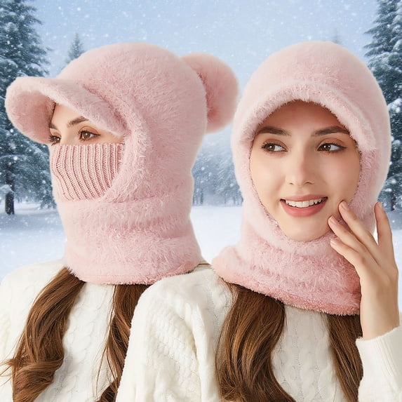 Daznico Plush Hooded Balaclava Hat with Brim Detachable Knitted Face Cover Lined Thermal Neck Warmer Winter Accessories for Outdoor Activities in Cold Weather