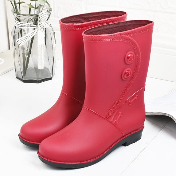 Daznico Rain Boots Women,Women's Warm Lined Rain Boots Solid Color Knee High Non Low Heel Booties,Walking Shoes Women(Color:Red,Size:6)