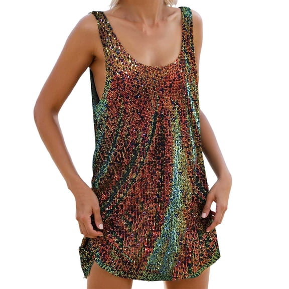 Daznico Relaxed Fit Resort Dress with Sequin Shine and Draped In Solid Tank Style For,Mardi Gras Clothing,S