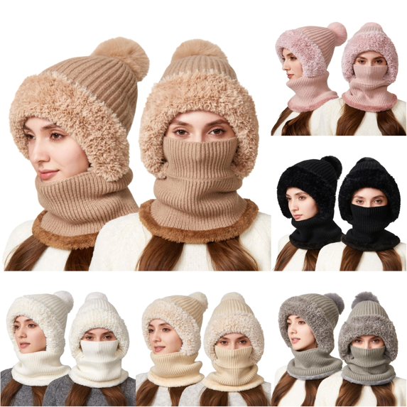 Daznico Ribbed Knit Pom Pom Balaclava Hat Lined Windproof Integrated Neck Gaiter Thermal Face and Ear Warmer Winter Headwear for Outdoor Activities in Cold Weather