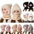 thumbnail image 1 of Daznico Ribbed Knit Pom Pom Balaclava Hat Lined Windproof Integrated Neck Gaiter Thermal Face and Ear Warmer Winter Headwear for Outdoor Activities in Cold Weather, 1 of 5