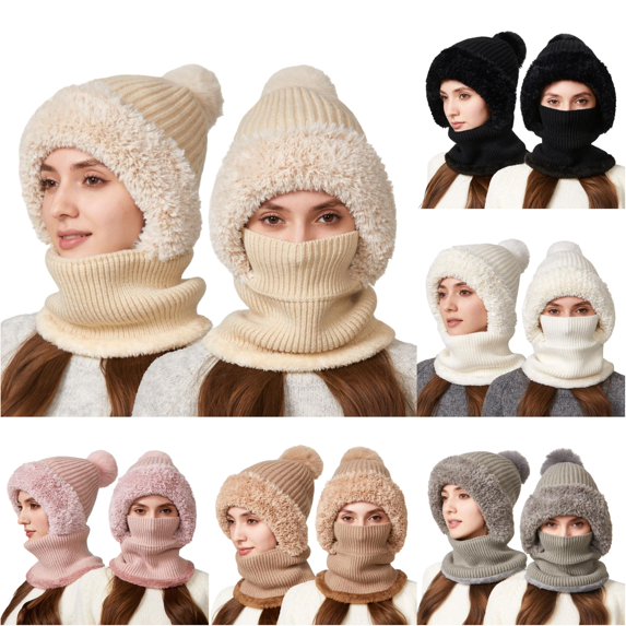 Daznico Ribbed Knit Pom Pom Balaclava Hat Lined Windproof Integrated Neck Gaiter Thermal Face and Ear Warmer Winter Headwear for Outdoor Activities in Cold Weather