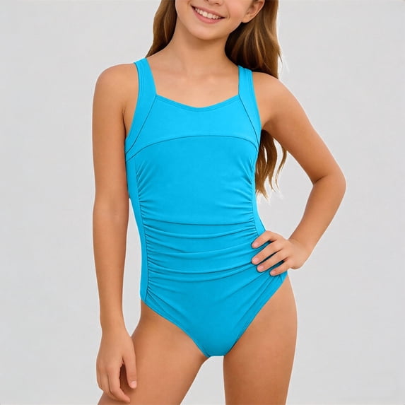 Daznico Ruched Wide Strap Girls One Piece Athletic Swimsuit, Supportive Comfortable Bathing Suit for Youth,12-13Y