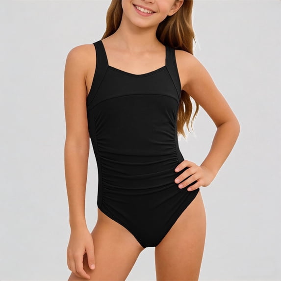 Daznico Ruched Wide Strap Girls One Piece Athletic Swimsuit, Supportive Comfortable Bathing Suit for Youth,14-15Y