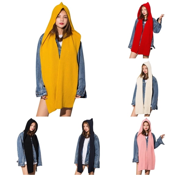 Daznico Scarf for Women, Solid 2 In 1 Knit Hooded Scarf Set Winter Melon Cap Warm Thick Cable Knitted Hat Scarf Set Stretchable Athletic Hats Scarf Set for Women