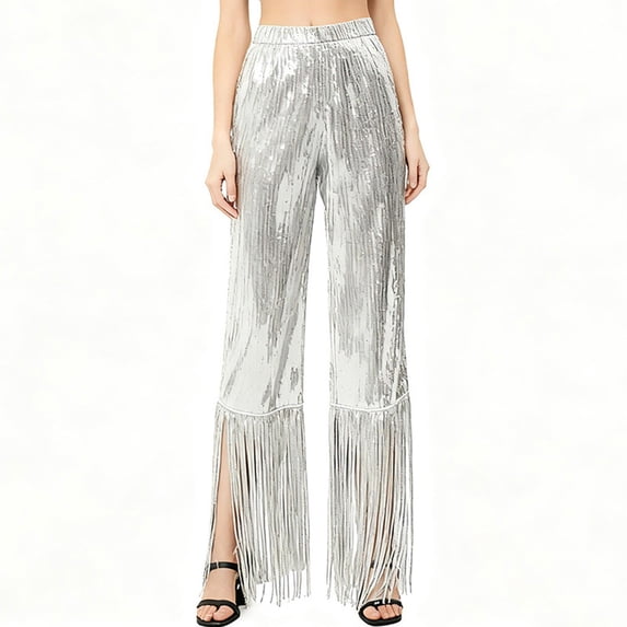 Daznico Sequin Fringe Pants for Stage Performance Outfit Hop Party for Dance,Mardi Gras Clothing,L