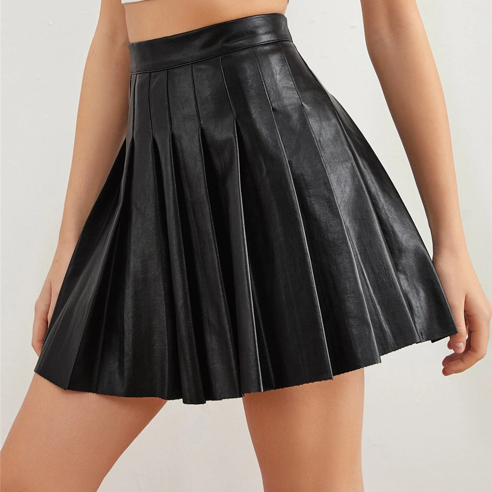 Daznico Skirts for Women Women's High Waist Pleated Solid Short Skirt Elegant Leather Skirt