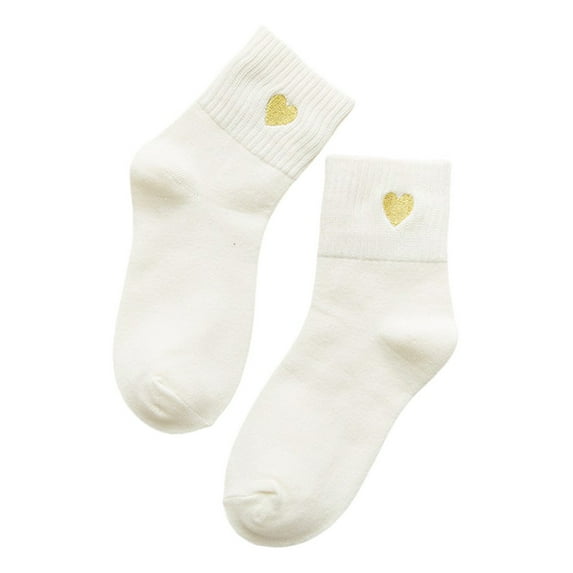 Daznico Socks for Women - Women Solid Gold Love Short Socks Embroidered Cotton Socks Mid Calf Socks