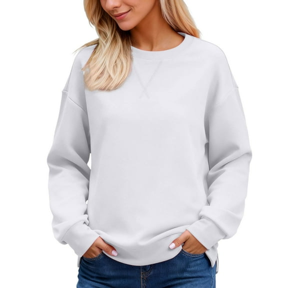 Daznico Split Hem Crewneck Sweatshirt Long Sleeve Casual Loose Fit Soft Warm Winter Solid Color Top,Sweatshirt for Women,S