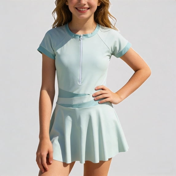 Daznico Sporty Zipper Front Short Sleeve Girls One Piece Swim Dress, Rash Guard Swimwear for Kids,11-12 Years