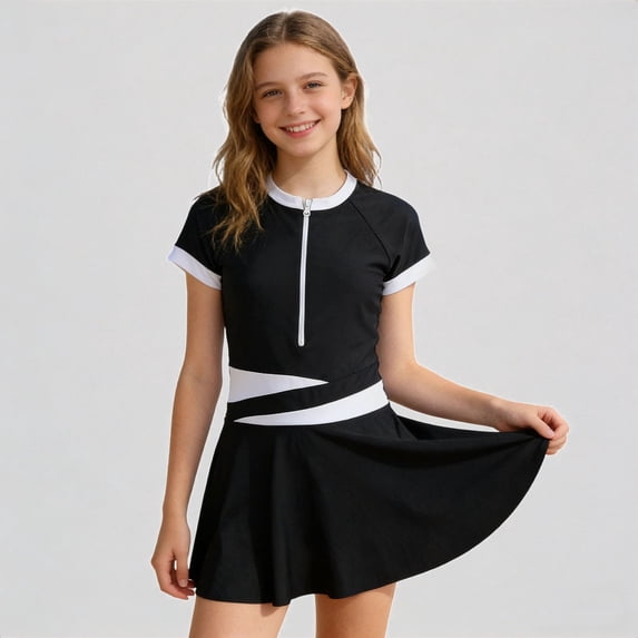 Daznico Sporty Zipper Front Short Sleeve Girls One Piece Swim Dress, Rash Guard Swimwear for Kids,11-12 Years