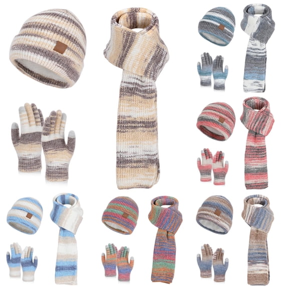 Daznico Striped Knit Beanie Hat Scarf Touchscreen Gloves 3-Piece Set Soft Thermal Winter Accessories for Cold Weather Daily Outdoor Activities