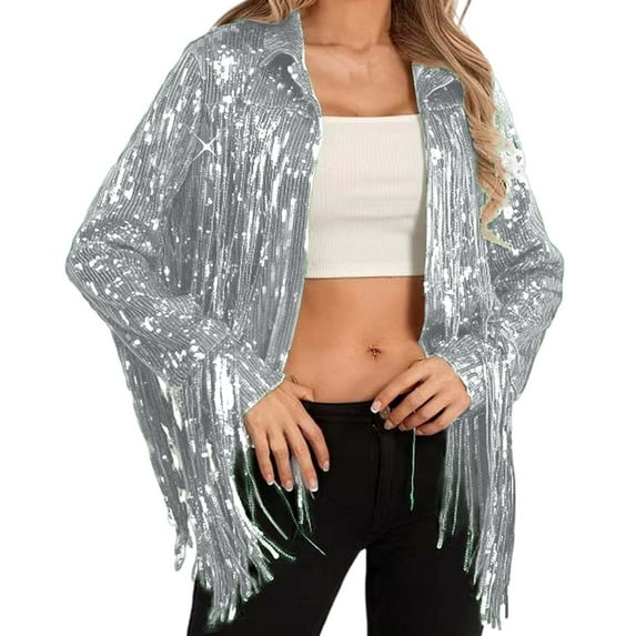 Daznico Stylish Casual Fringe Sequin Jacket Outerwear Sparkly Coat for Daily Wear and Night Out,Mardi Gras Clothing,L