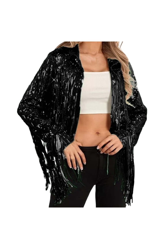 Stylish Casual Fringe Sequin Jacket Outerwear Sparkly Coat for Daily Wear and Night Out,Mardi Gras Clothing,S