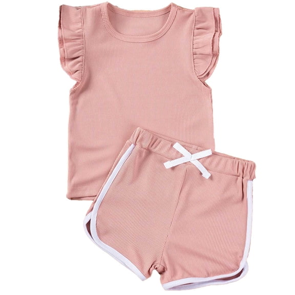 Daznico Summer Girls Ruffles Fly Sleeve T Shirt Ribbed Tops Shorts Outfits,12-18 Months