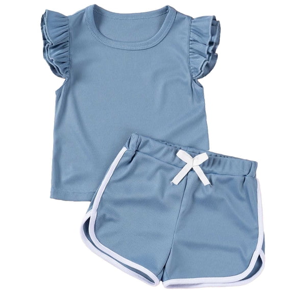 Daznico Summer Girls Ruffles Fly Sleeve T Shirt Ribbed Tops Shorts Outfits,2-3 Years
