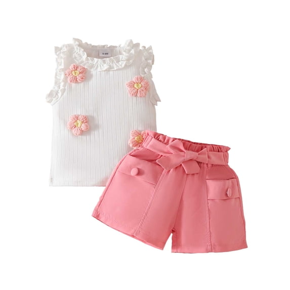 Daznico Summer Toddler Girls Ruffles Sleeveless Ribbed Floral Vest T Shirt Tops Shorts Outfits,2-3 Years