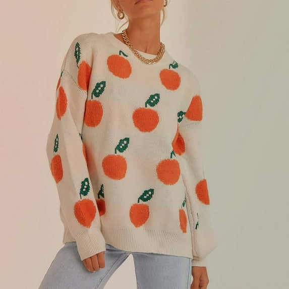Daznico Women's Crew Neck Long Sleeve Pullover Sweater, Casual Loose Orange Pattern, Color: White, Size: XL