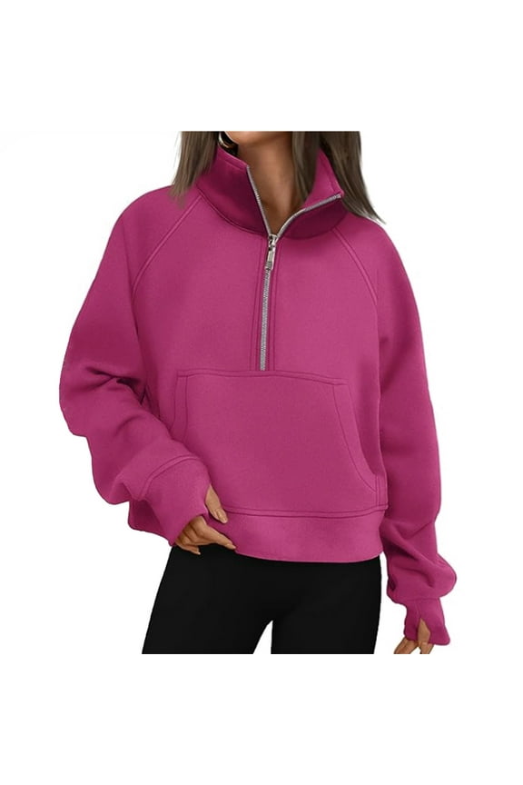 Sweatshirt for Women - Autumn and Winter Women's Sports Half Zip Yoga Wear Loose Stand Up Collar Fleece Sweater, Hooded Sweatshirt Women,Color:Hot Pink Size:XXL