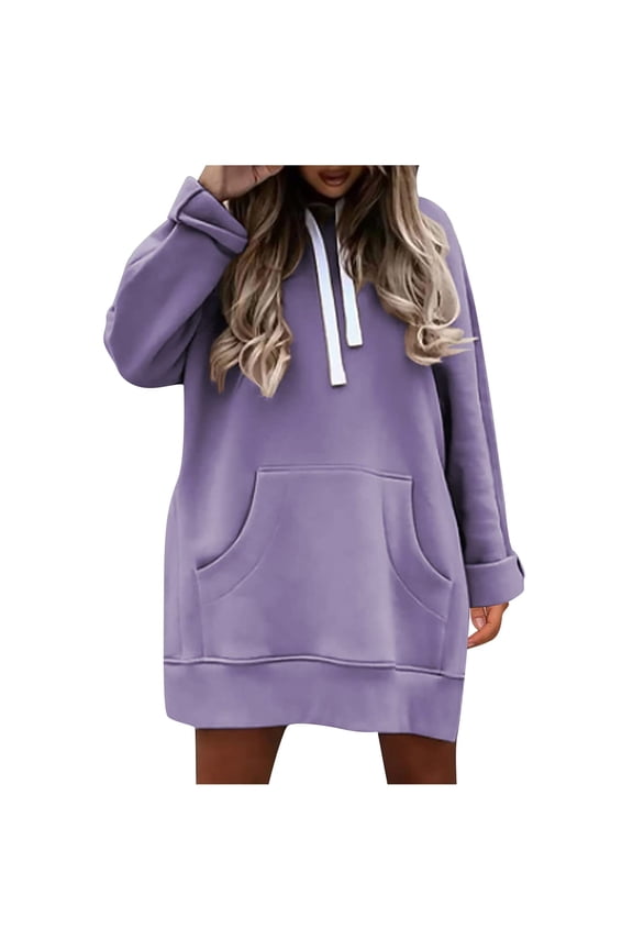 Sweatshirt for Women - Women's Autumn Long Sleeve Side Opening Solid Color Extended Pocket Hooded Drawstring Casual Skirt Hoodie, Hooded Sweatshirt Women,Color:Purple Size:S