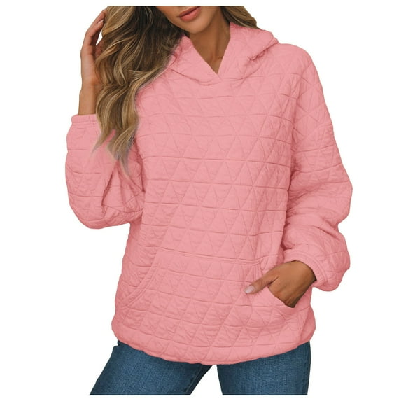 Daznico Sweatshirt for Women - Women's Solid Color Quilted Pocket Hoodie Casual Hooded Long Sleeve Pullover Tops Fall Clothes, Hooded Sweatshirt Women,Color:Red Size:XXL
