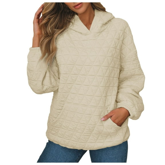 Daznico Sweatshirt for Women - Women's Solid Color Quilted Pocket Hoodie Casual Hooded Long Sleeve Pullover Tops Fall Clothes, Hooded Sweatshirt Women,Color:Beige Size:XL