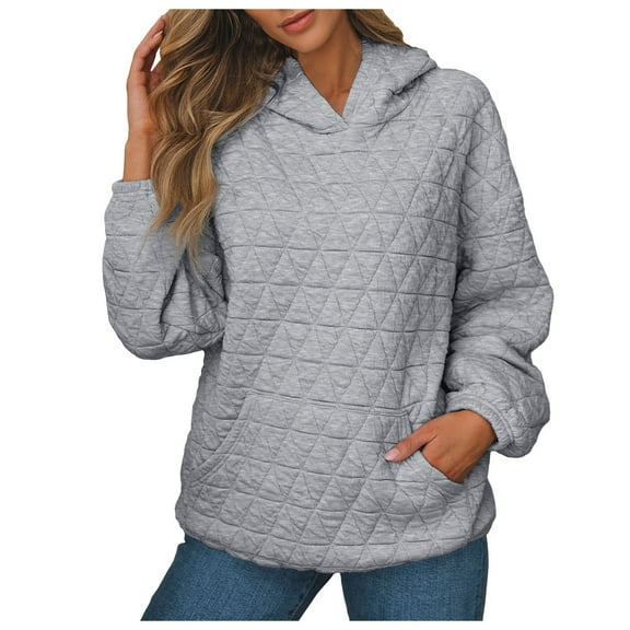 Daznico Sweatshirt for Women - Women's Solid Color Quilted Pocket Hoodie Casual Hooded Long Sleeve Pullover Tops Fall Clothes, Hooded Sweatshirt Women,Color:GY1 Size:L