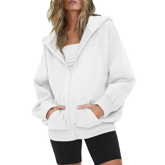 Daznico Sweatshirt for Women - Women's Zip Up Hoodies Teen Girls Oversized Sweatshirt Clothing Cute Fall Casual Drawstring Jacket with Pockets, Hooded Sweatshirt Women,Color:White Size:L