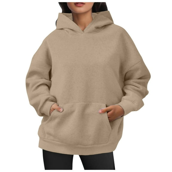 Daznico Sweatshirt for Women - Womens Oversized Sweatshirts Hoodies Short Velvet Sweaters Long Sleeve with Pockets Winter Fall Outfits Clothes, Hooded Sweatshirt Women,Color:Khaki Size:M