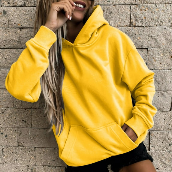 Daznico Sweatshirt for Women,Womens Slim Sweatshirts Pullover Hoodies Short Velvet Sweaters Long Sleeve with Pockets Winter Fall Outfits,Women's Hoodies & Sweatshirts(Color:Yellow,Size:S)