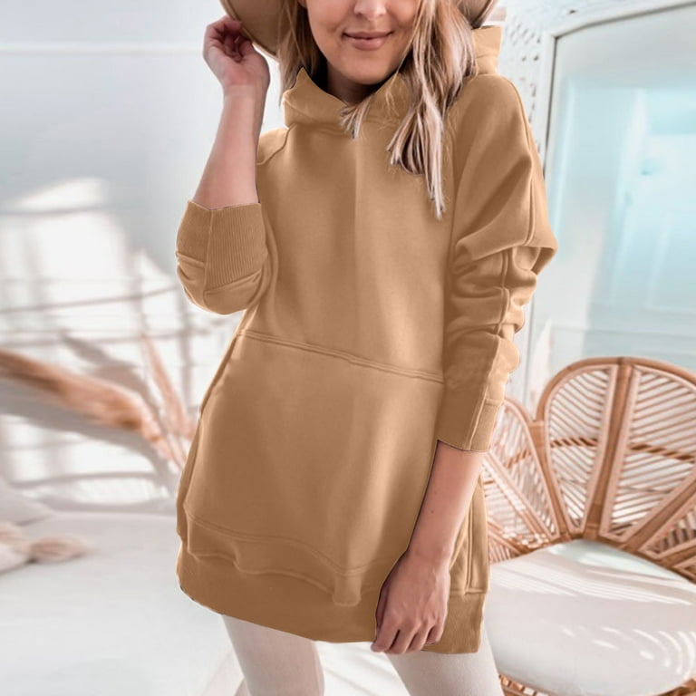 Daznico Sweatshirt for Women Ladies Solid Color Thickened Slit Front Pocket  Long Sleeve Hoodie Coffee XXL
