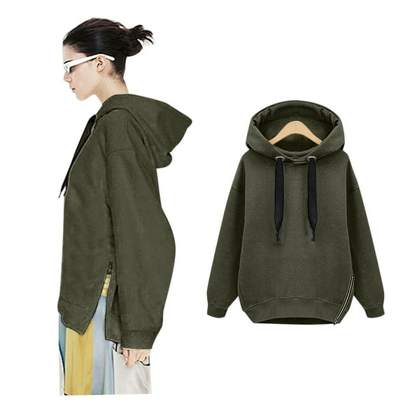 Daznico Sweatshirt for Women - Women's Hooded Long Sleeve Solid Plush Sweatshirt Medium Length Tops, Hooded Sweatshirt Women,Color:Army Green Size:S
