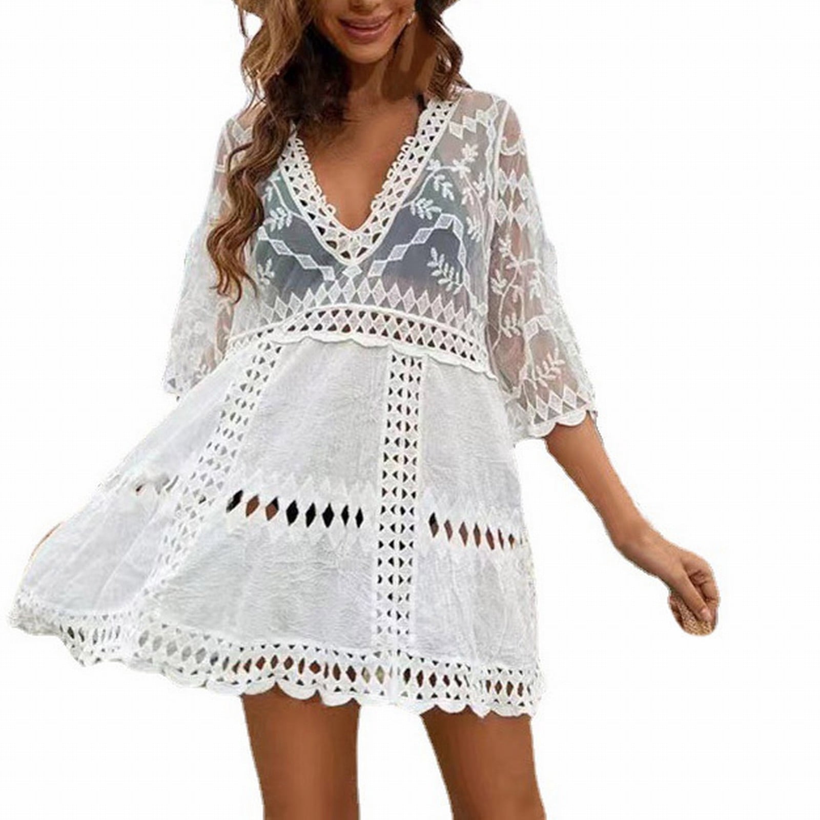 Daznico Swimsuit Coverup for Women,Beach Smock Sexy Hollowed Out V Neck Bikini Swimsuit Smock