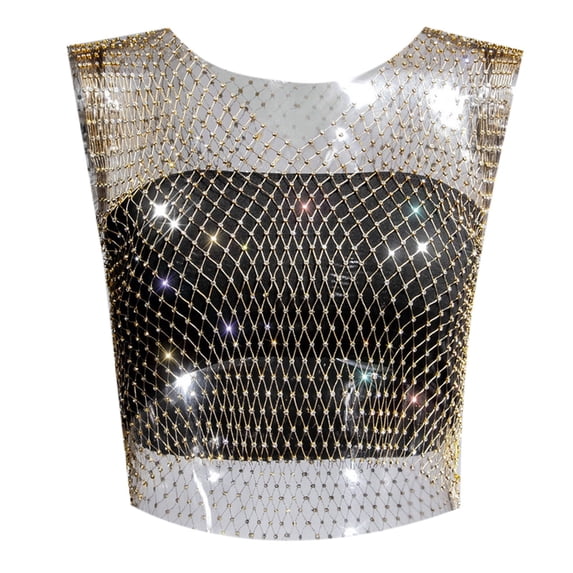 Daznico Tank Tops for Women,Rhinestone Fishing Net Net Flash Women's Short Sleeve Vest,Size L