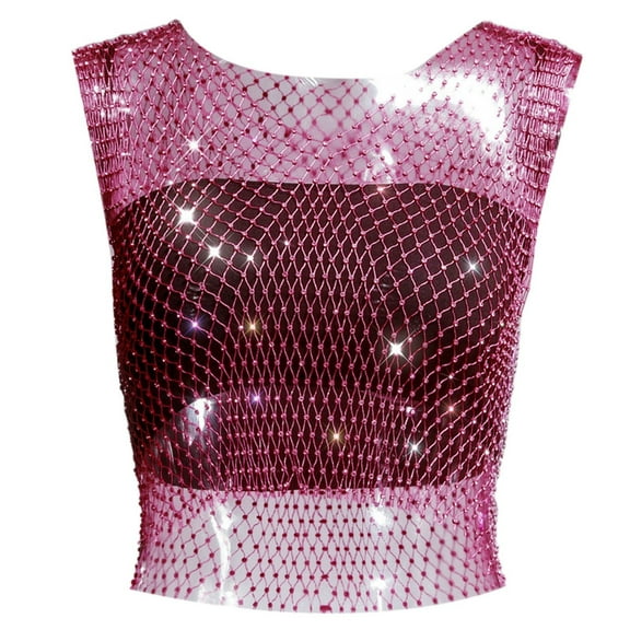 Daznico Tank Tops for Women,Rhinestone Fishing Net Net Flash Women's Short Sleeve Vest,Size S