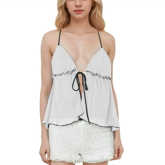 Daznico Tank Tops for Women,Women Contrast Tie Front Top Neck Flowy Crinkled Ruffle Going Out Tank Tops Summer Split Shirt,Size M